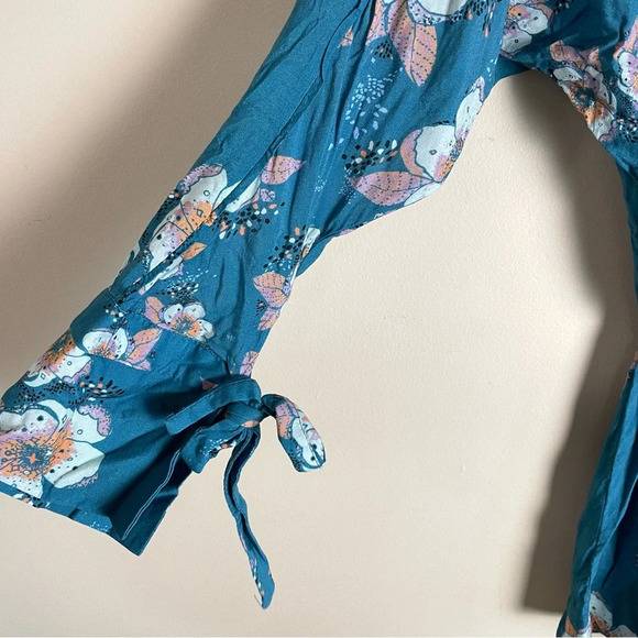 Free People Shirt Tuscan Dreams Printed Tunic Turquoise Blue Boho Floral Top - Picture 12 of 13